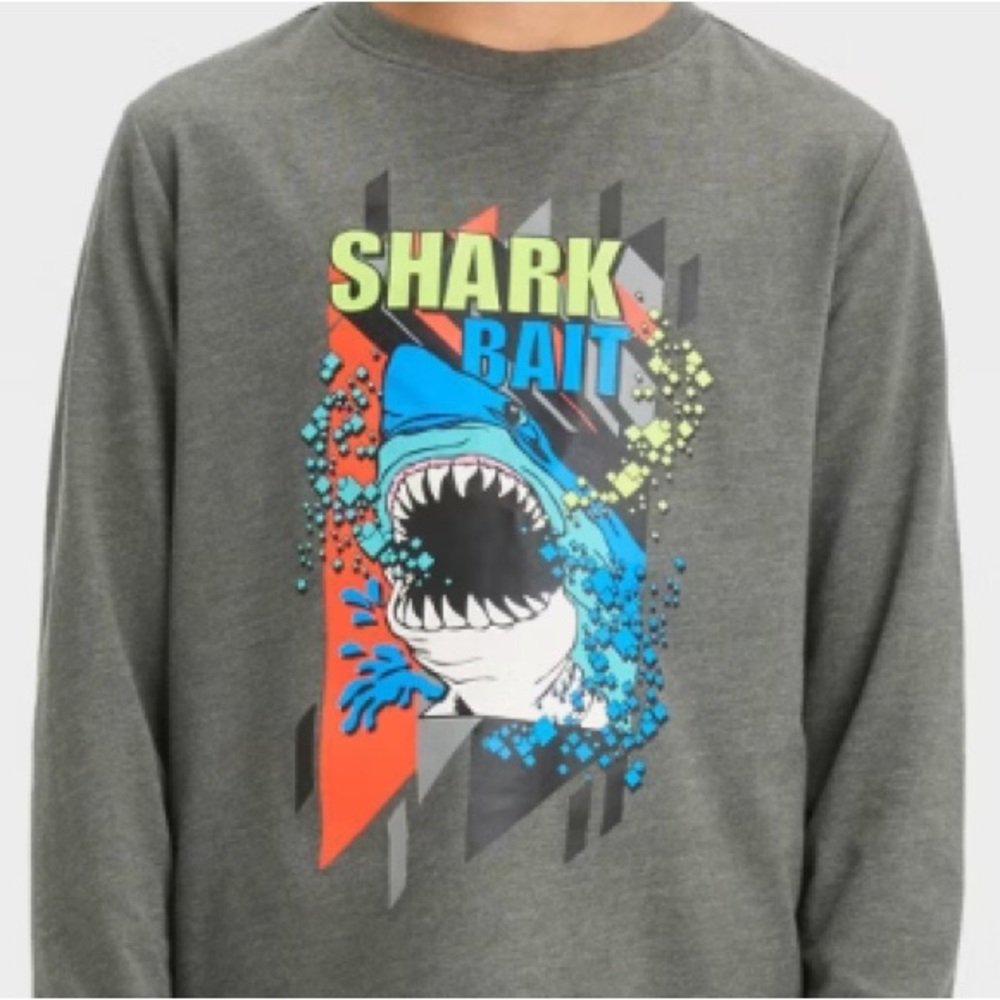 New! Boys' Long Sleeve 'Shark Bait' Graphic T-Shirt Charcoal Gray Size XL